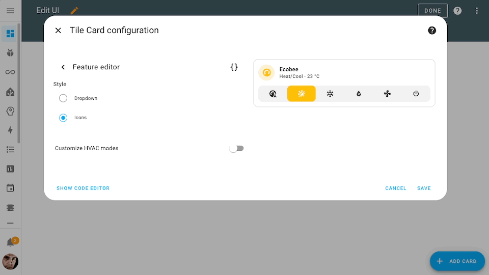 Screen recording showing how you can now reorder the HVAC modes on the thermostat shown in a tile card.
