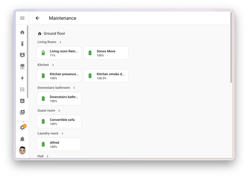 Screenshot of the new Maintenance dashboard showing battery entities grouped by area.