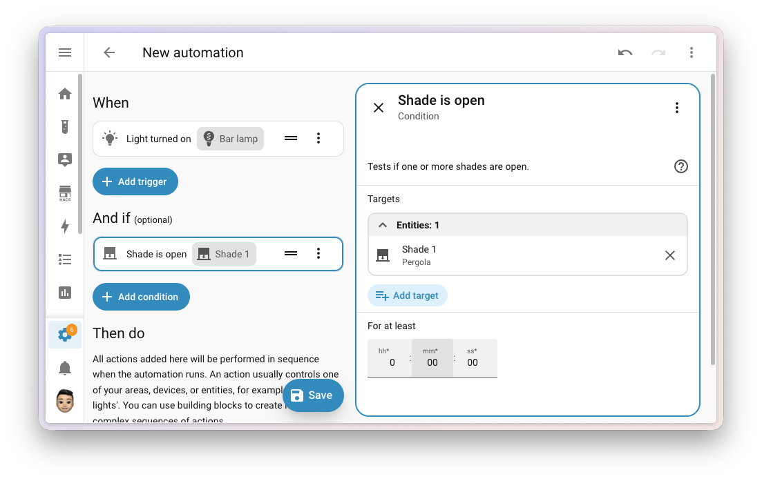 Screenshot of a purpose-specific condition in the automation editor with the new duration field.